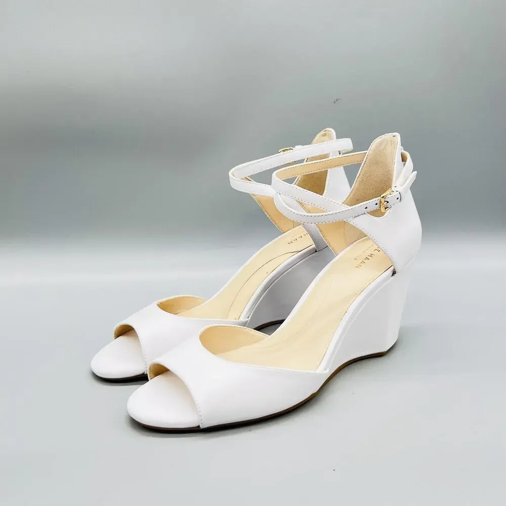 Cole Haan Sandals Womens 8.5 White Leather Grand 360 Strappy Ankle Wedge Shoes